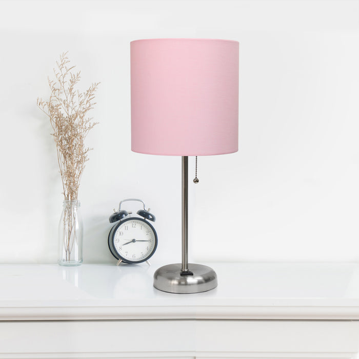 Limelights Brushed Steel Stick Lamp with Charging Outlet And Fabric Shade 2 Pack Set, Light Pink Lamp Set