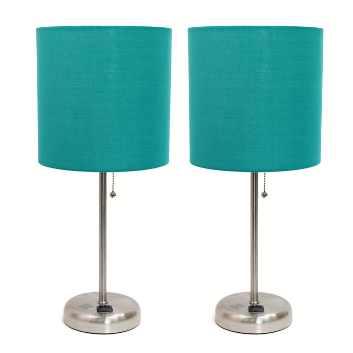 Limelights Brushed Steel Stick Lamp with Charging Outlet And Fabric Shade 2 Pack Set, Teal Lamp Set