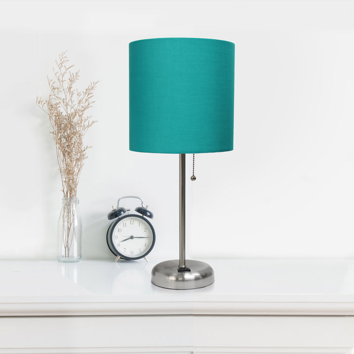 Limelights Brushed Steel Stick Lamp with Charging Outlet And Fabric Shade 2 Pack Set, Teal Lamp Set