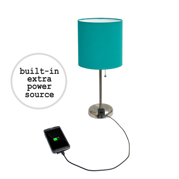 Limelights Brushed Steel Stick Lamp with Charging Outlet And Fabric Shade 2 Pack Set, Teal Lamp Set