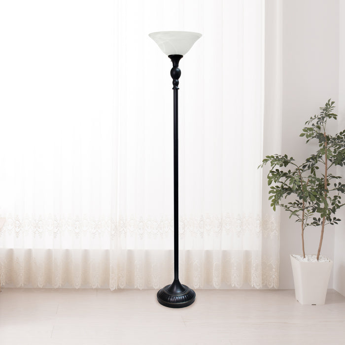Elegant Designs 1 Light Torchiere Floor Lamp with Marbelized White Glass Shade, Restoration Bronze And White