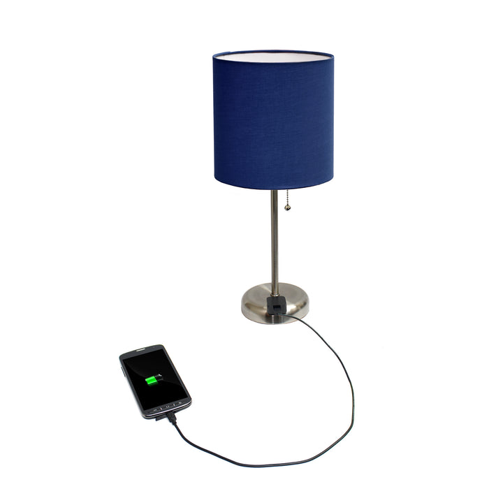 Limelights Stick Lamp with Charging Outlet And Fabric Shade, Navy Table Lamp