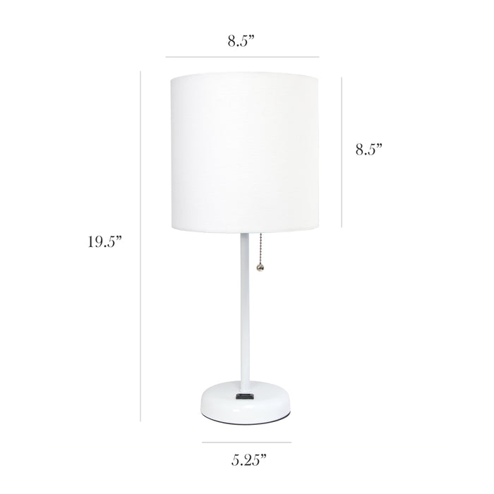 Limelights White Stick Lamp with Charging Outlet And Fabric Shade, White Table Lamp