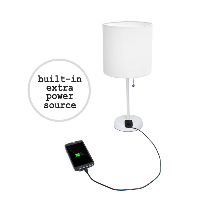 Limelights White Stick Lamp with Charging Outlet And Fabric Shade, White Table Lamp