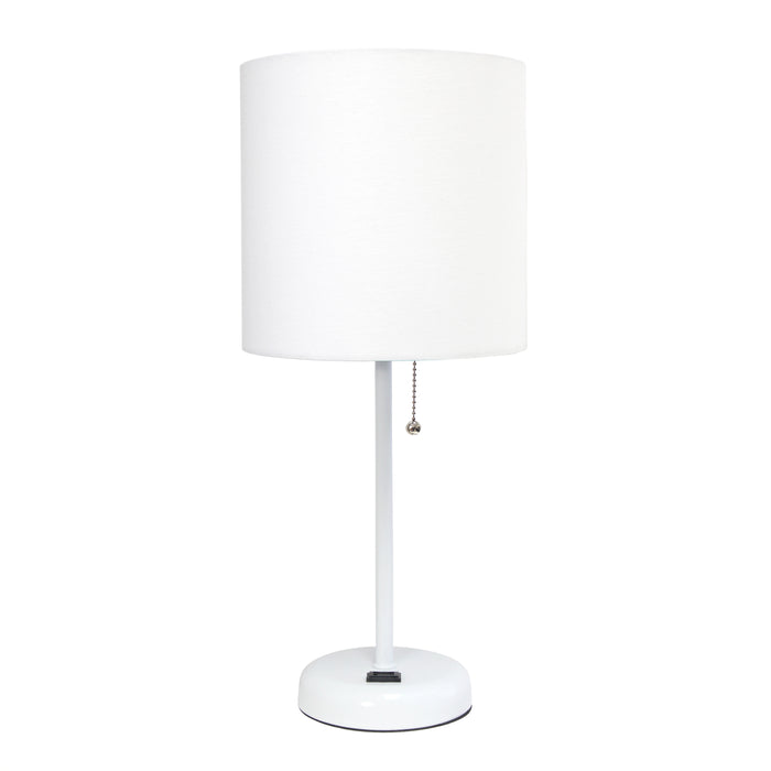 Limelights White Stick Lamp with Charging Outlet And Fabric Shade, White Table Lamp