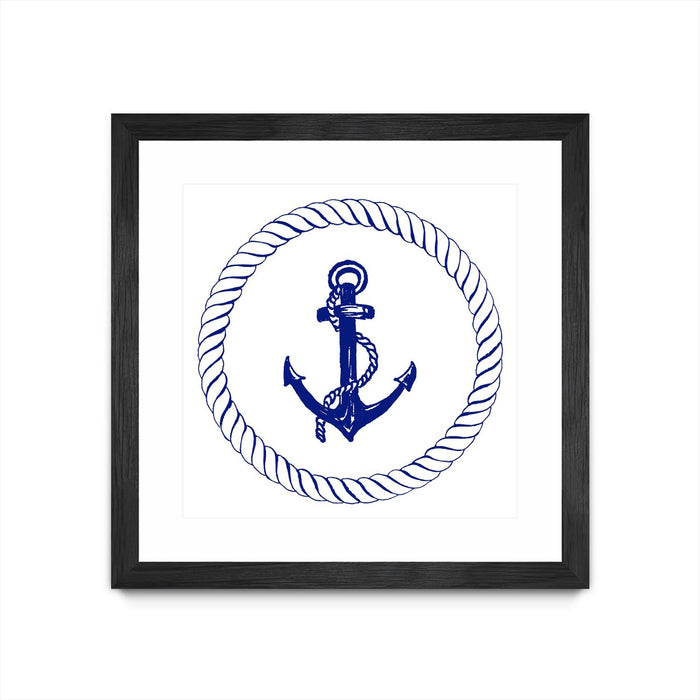 \"Blue Nautical Circle I\" Matted and Framed Black 30x30 Wall Art