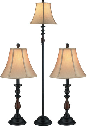 Bronze-Finish 3-Piece Floor and Two Tables Lamps Set with Bell Shade