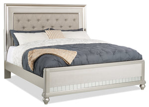 Diva Panel Bed with Headboard & Frame, Glam, Vegan Leather, Silver - King Size