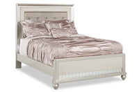 Diva Panel Bed with Headboard & Frame, Glam, Vegan Leather, Silver - Queen Size 