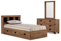 Driftwood Mates Bed 5pc Set with Storage Headboard, Dresser & Mirror, Brown - Twin Size 