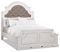 Grace Panel Bed with Headboard & Frame, Wooden, Fabric, Antique White - Queen Size 