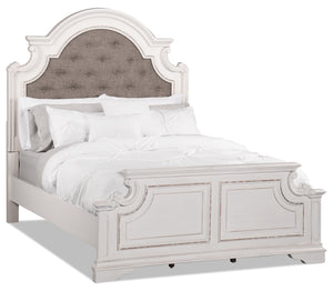 Grace Panel Bed with Headboard & Frame, Wooden, Fabric, Antique White - Queen Size