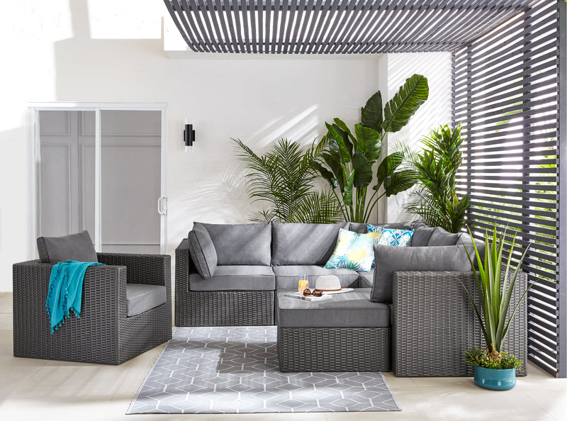 Morris Large Outdoor Patio Storage Ottoman - Hand-Woven Resin Wicker, Olefin Fabric, UV & Weather Resistant - Grey