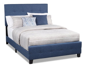 Page Upholstered Bed in Blue Linen-Look Fabric, Button Tufted - Full Size