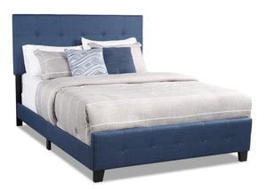 Page Upholstered Bed in Blue Linen-Look Fabric, Button Tufted - Queen Size