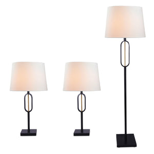 Patsy Matte Black with Brushed Gold Accent 3-Piece Set, Floor and Two Table Lamps