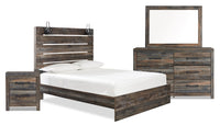 Abby 6pc Bedroom Set with Panel Bed, Dresser, Mirror & Nightstand, LED, USB, Brown - Queen Size 