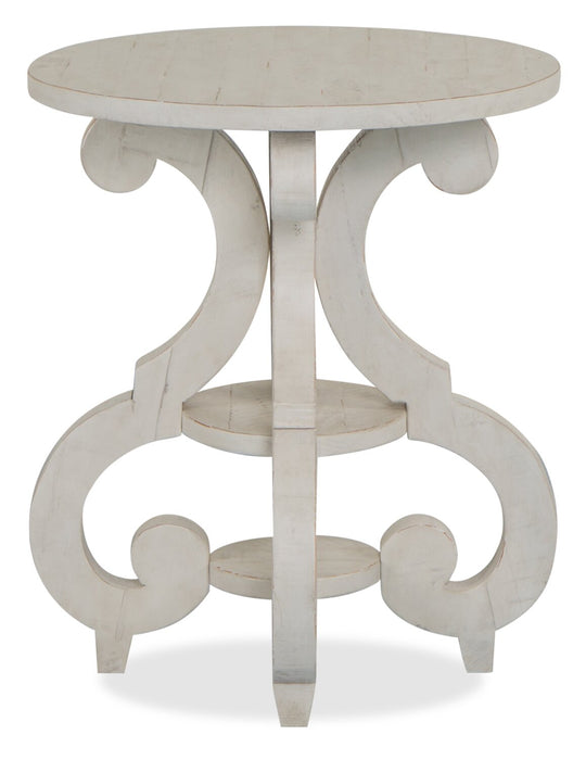 Bronwyn 22\" Traditional Round End Table with Shelf - Alabaster Pine with Scroll Design Wood Base