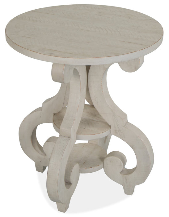 Bronwyn 22\" Traditional Round End Table with Shelf - Alabaster Pine with Scroll Design Wood Base