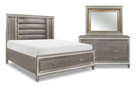 Max 5pc Bedroom Set with Storage Bed, Dresser & Mirror, LED, Glam, Silver - Queen Size 