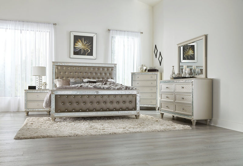Tyra 6pc Bedroom Set with Bed, Dresser, Mirror & Nightstand, Glam, Vegan Leather, Champagne - King Size