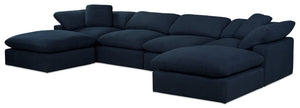 Eclipse Modular 6-Piece Linen-Look Fabric Sectional with Ottomans and Reversible Feather Down Cushions - Navy Blue