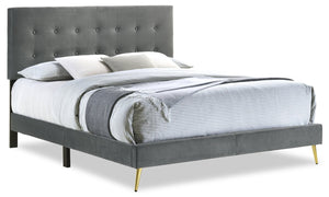 Gabi Upholstered Bed in Charcoal Velvet Fabric with Gold Finish Legs, Button Tufted - Queen Size