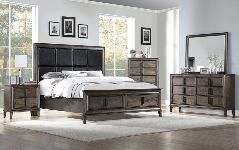 Kane 5pc Bedroom Set with Storage Bed, Dresser & Mirror, Vegan Leather, Brown - King Size