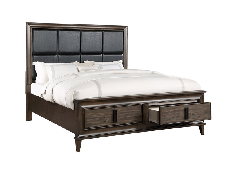 Kane 5pc Bedroom Set with Storage Bed, Dresser & Mirror, Vegan Leather, Brown - King Size