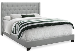 Portia Upholstered Wingback Bed in Grey Fabric with Nailhead Design, Button Tufted - Queen Size