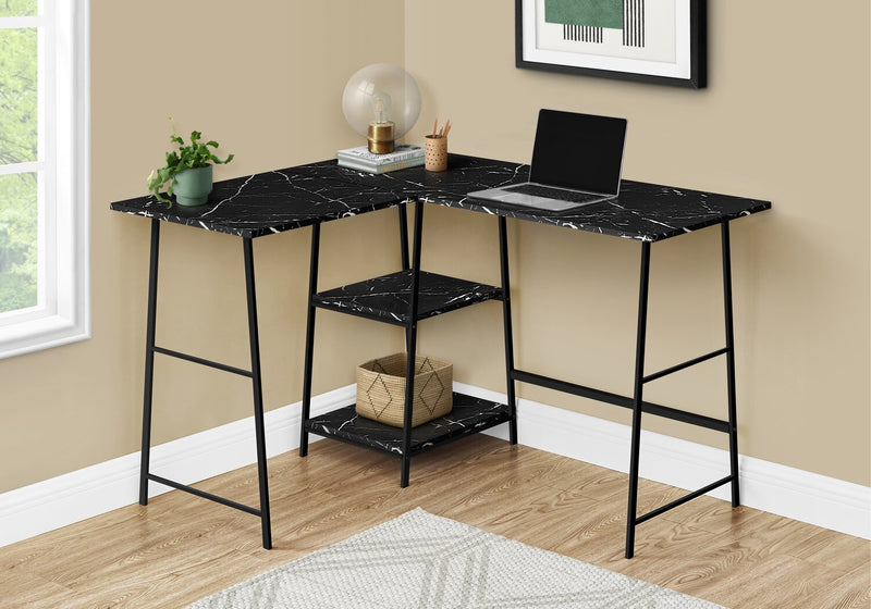 Evlin 42\" L-Shaped Office Desk with Shelves - Black Marble-Look