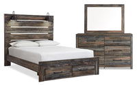 Abby 5pc Bedroom Set with Storage Bed, Dresser & Mirror, LED, USB, Brown - Queen Size 