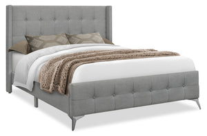 Zara Upholstered Bed in Grey Linen-Look Fabric - Button Tufted - Queen Size