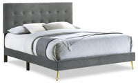 Gabi Upholstered Bed in Charcoal Velvet Fabric with Gold Finish Legs, Button Tufted - King Size 