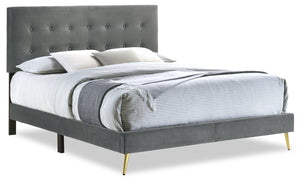 Gabi Upholstered Bed in Charcoal Velvet Fabric with Gold Finish Legs, Button Tufted - King Size