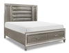 Max Platform Storage Bed with Headboard & Frame, LED, Vegan Leather, Glam, Silver - King Size