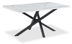 Bari Dining Table with Marble-Look Ceramic Top, Metal, Geometric Base, 63