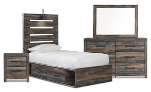 Abby 6pc Bedroom Set w/Side Storage Bed, Dresser, Mirror, Nightstand, LED, USB, Brown - Twin Size