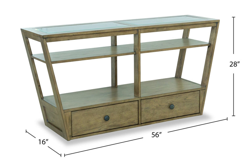 Esme 56\" Traditional Glass Top Sofa Table with Storage and Shelf - Light Brown Wood