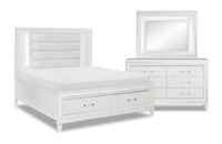 Max 5pc Bedroom Set with Storage Bed, Dresser & Mirror, LED, Glam, White - Queen Size 