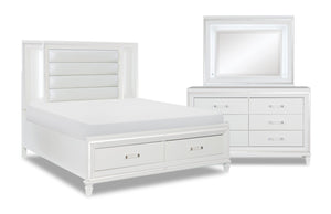 Max 5pc Bedroom Set with Storage Bed, Dresser & Mirror, LED, Glam, White - Queen Size