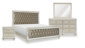 Tyra 6pc Bedroom Set with Bed, Dresser, Mirror & Nightstand, Glam, Vegan Leather, Champagne - Queen Size