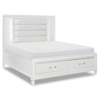 Max Platform Storage Bed with Headboard & Frame, LED, Vegan Leather, Glam, White - King Size 