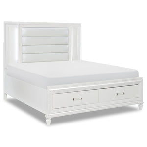 Max Platform Storage Bed with Headboard & Frame, LED, Vegan Leather, Glam, White - King Size