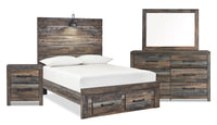 Abby 6pc Bedroom Set with Storage Bed, Dresser, Mirror & Nightstand, LED, USB, Brown - Full Size 