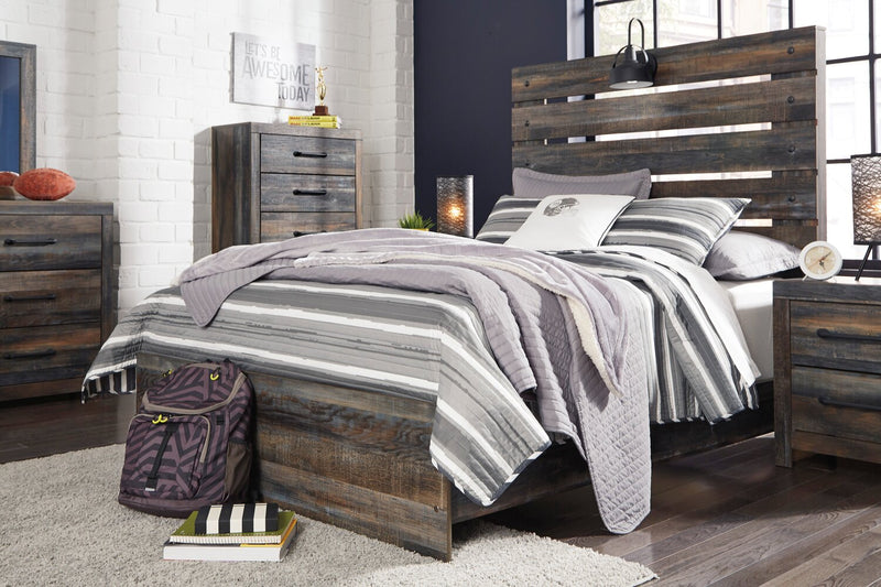 Abby Panel Bed with Headboard & Frame, LED, USB, Brown - Full Size