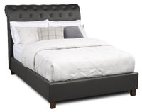 Tulsa Upholstered Platform Bed in Grey Vegan-Leather Fabric, Button Tufted - Full Size 