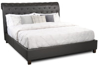 Tulsa Upholstered Platform Bed in Grey Vegan-Leather Fabric, Button Tufted - King Size 