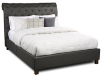 Tulsa Upholstered Platform Bed in Grey Vegan-Leather Fabric, Button Tufted - Queen Size 