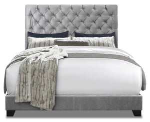 Candace Upholstered Bed in Velvet Grey Fabric, Button Tufted - Queen Size